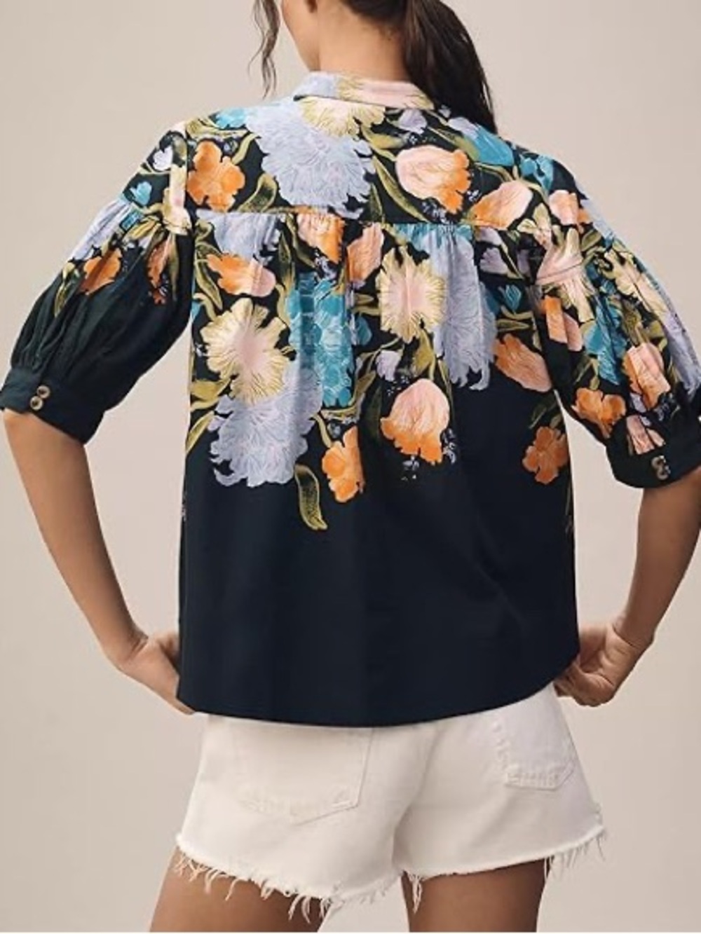 Anthropologie Navy Floral‎ Puff-Sleeve Blouse